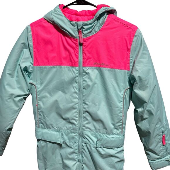 Eddie Bauer Kids One Piece Ski Snow Suit Teal Pink Hooded Size M 10/12 - Picture 1 of 5